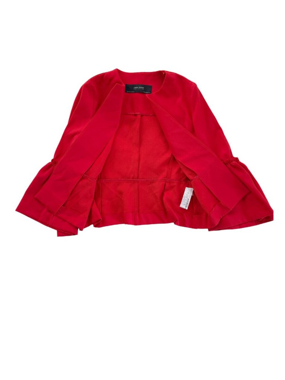 Zara Basic Red Collarless Open Front Blazer Jacket with Dramatic Ruffle Bell S - Picture 2 of 8
